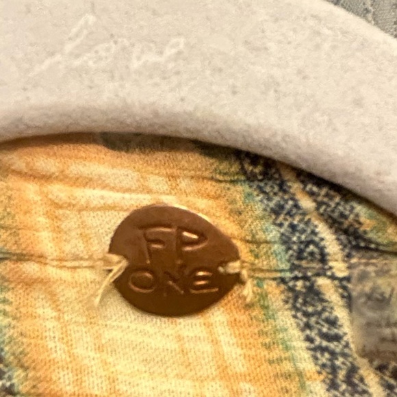 Free People Yellow Grunge Plaid Button Down Shirt Tunic raw hem👠 - Picture 7 of 11